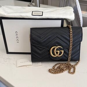 Gucci Black Chevron Crossbody Bag with Gold Chain